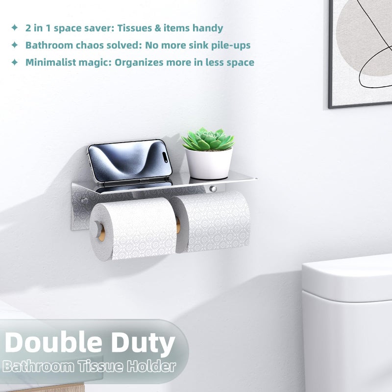 APLusee Double Toilet Paper Holder with Shelf Polished Chrome, APLusee SUS304 Stainless Steel Contemporary Bathroom Tissue Roll Holder Cell Phone Storage Rack - Image 2